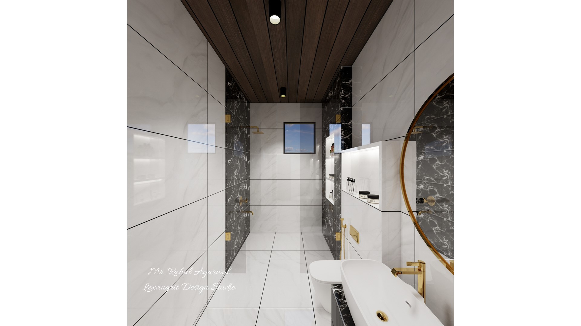 8x5 compact bathroom frameless glass shower partition black white marble gold fittings wooden ceiling and round mirror