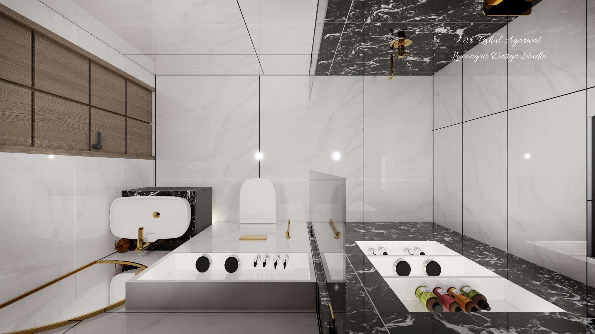 8x5 ft luxury toilet 3D floor plan white black marble tiles gold fittings wooden cabinet arched niche and shower area