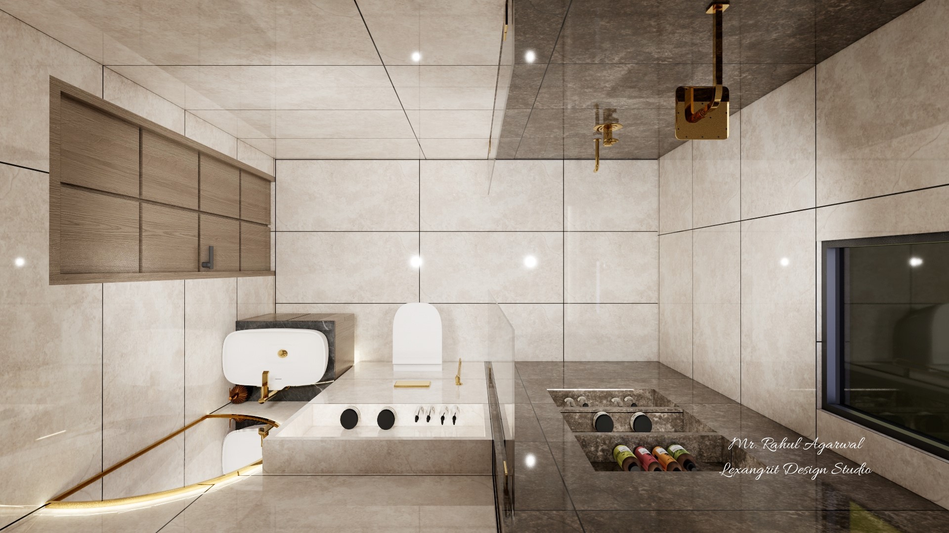 Bathroom floor plan with bi-color tiles showing vanity unit, WC and frameless glass shower partition in compact attached bathroom design