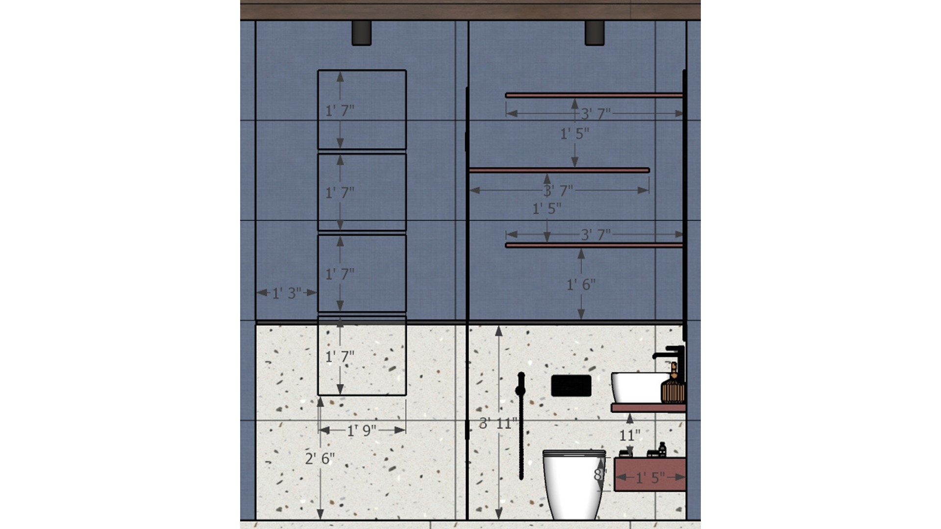 Bathroom front elevation 2D measurement drawing with wall niche cabinet open shelves WC and vanity on blue tiles