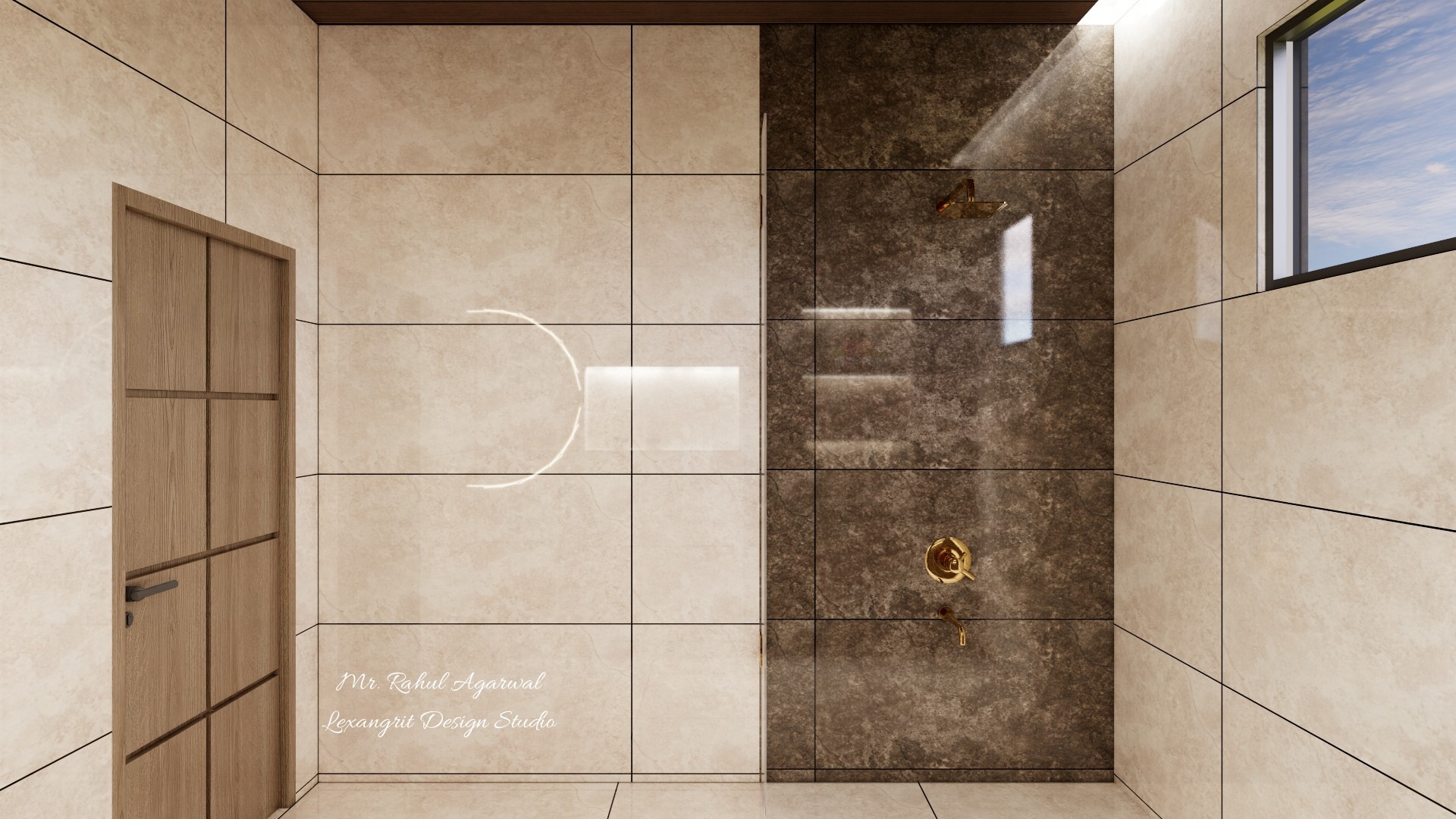 Bathroom shower wall bi colour tiles design with two tone tile pattern