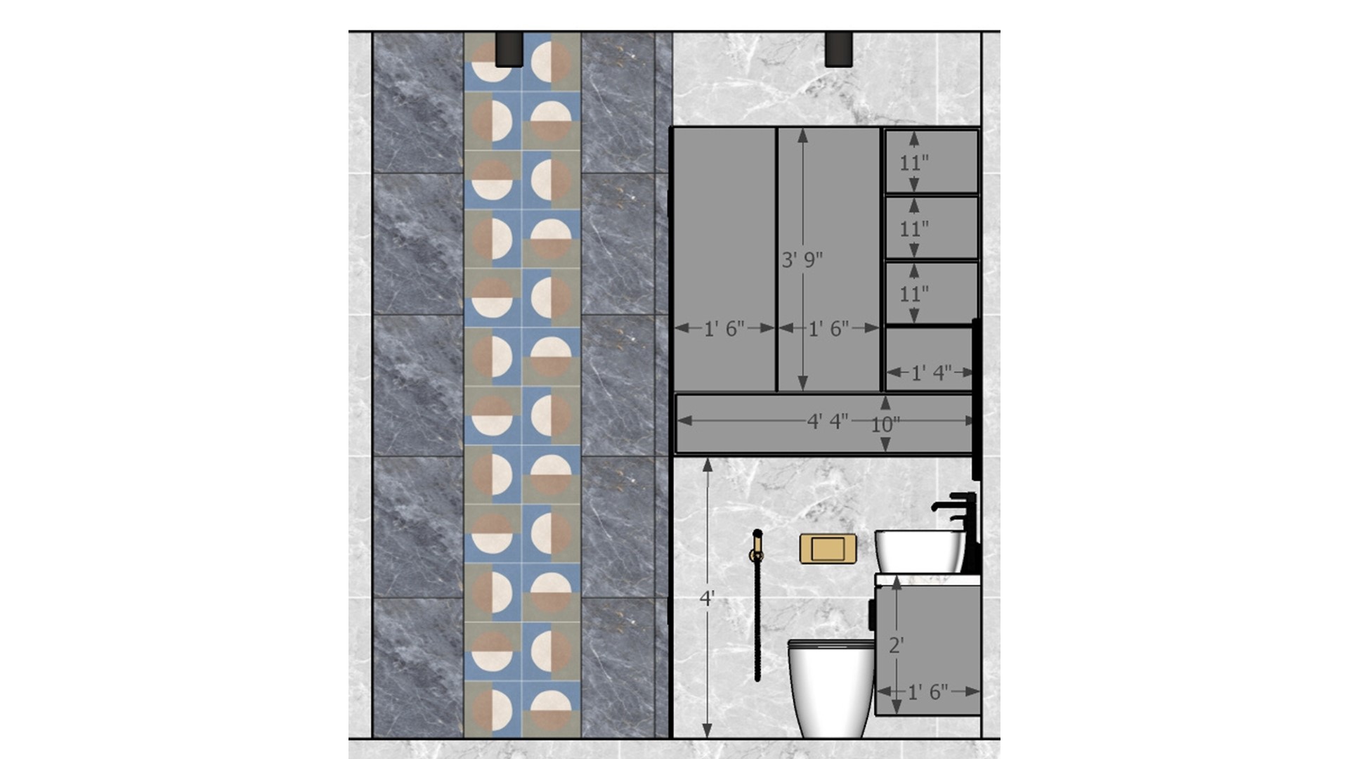 Bathroom vanity and cabinet 2D measurement drawing with dimensions