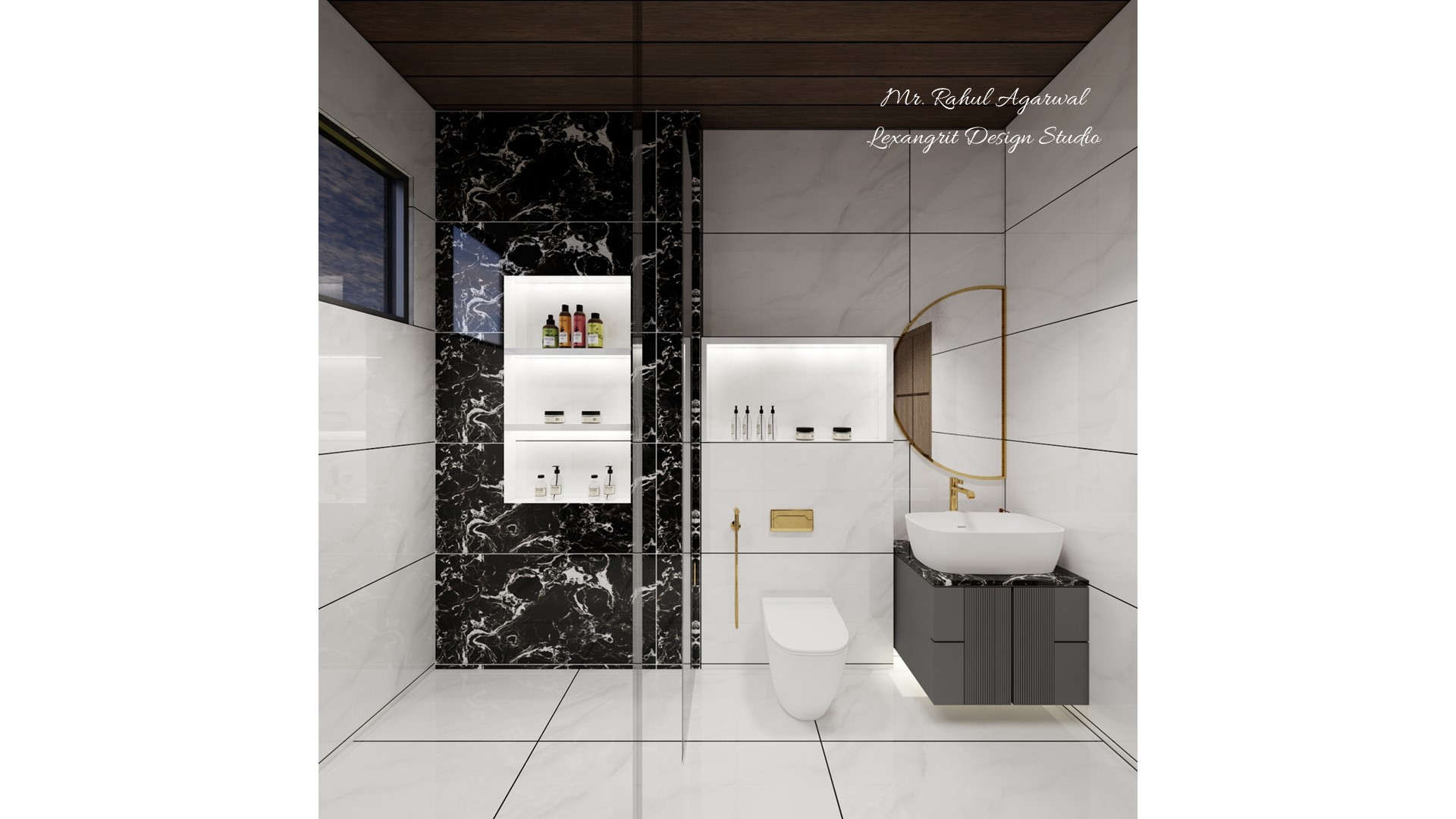 Black white toilet design with half moon mirror fluted vanity WC wall niche backlit shower niches on black marble wall