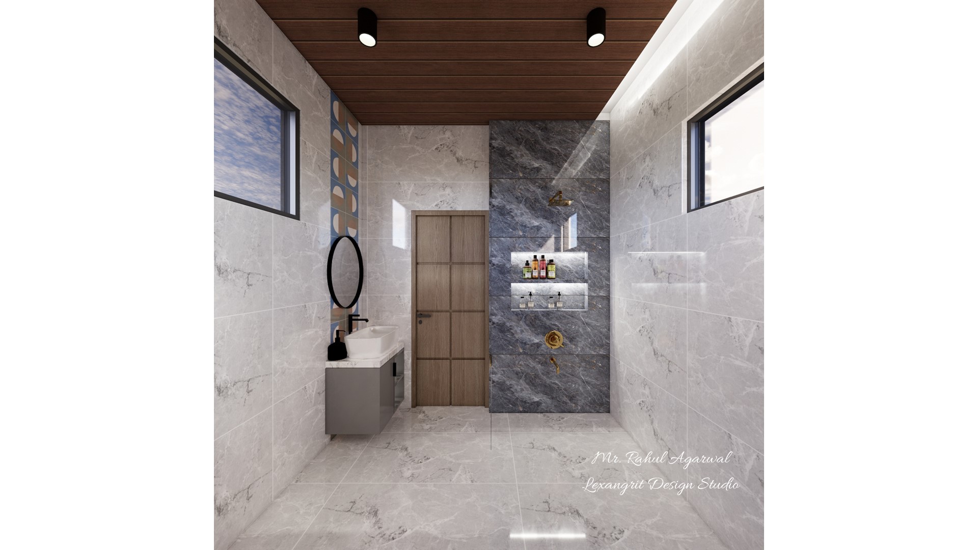 Compact washroom design with blue tile wall niche and handwash vanity