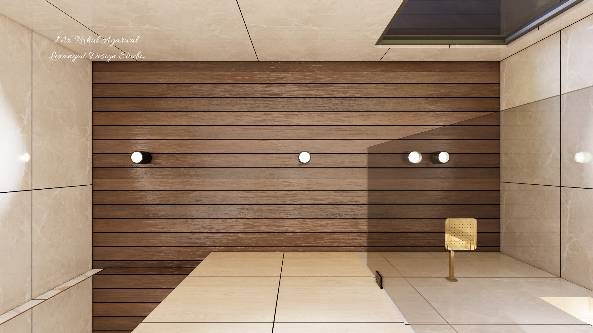 Toilet PVC ceiling with cream marble tiles wooden slat accent wall 3 wall lights and gold shower drain