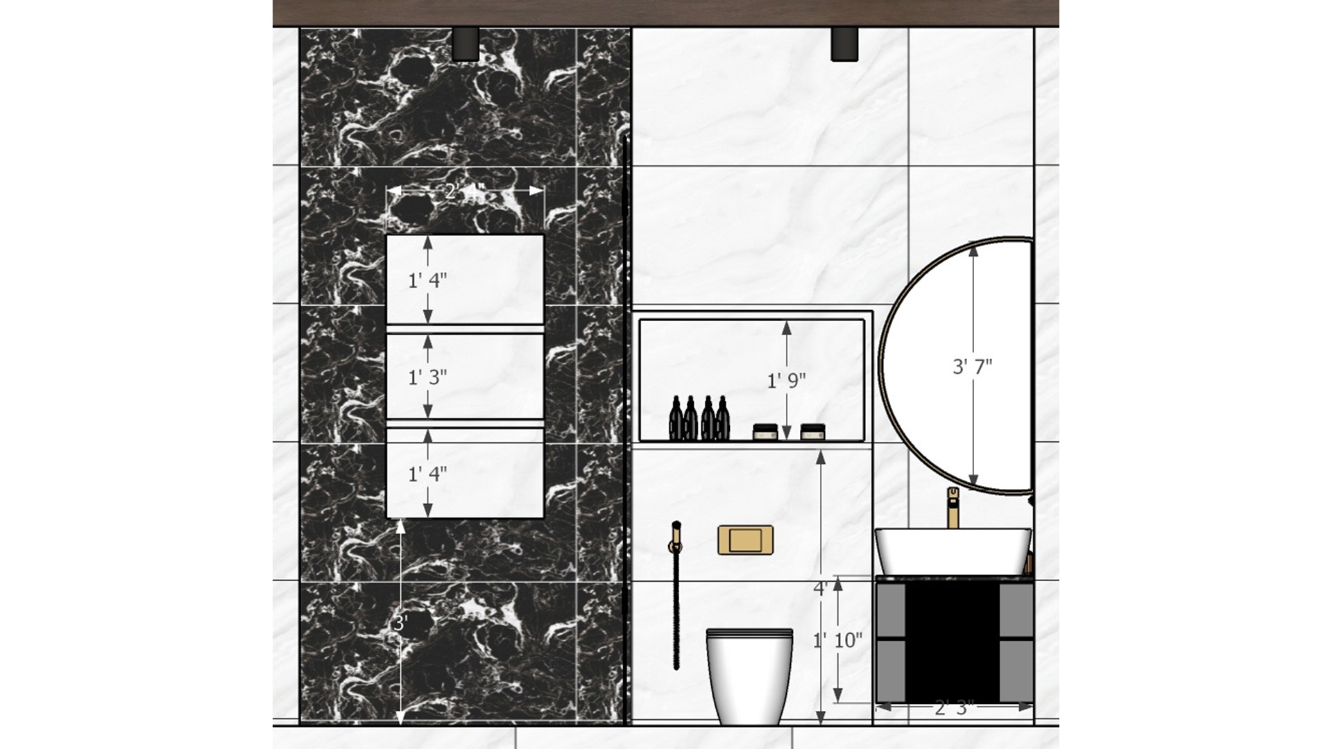 Toilet shower wall niche WC niche and vanity measurement drawing on black and white marble tiles