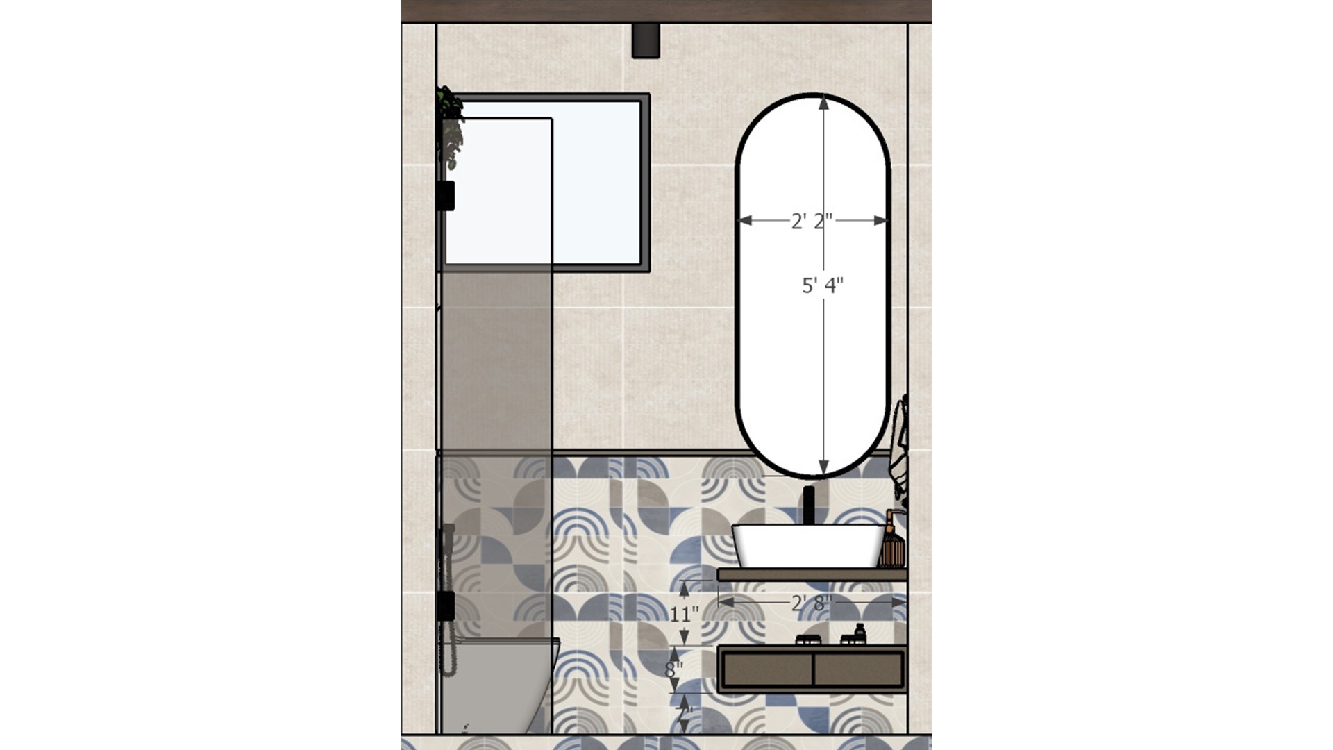 Toilet vanity measurement drawing with oval mirror 2x2 wide 5x4 height floating vanity and vessel sink dimensions
