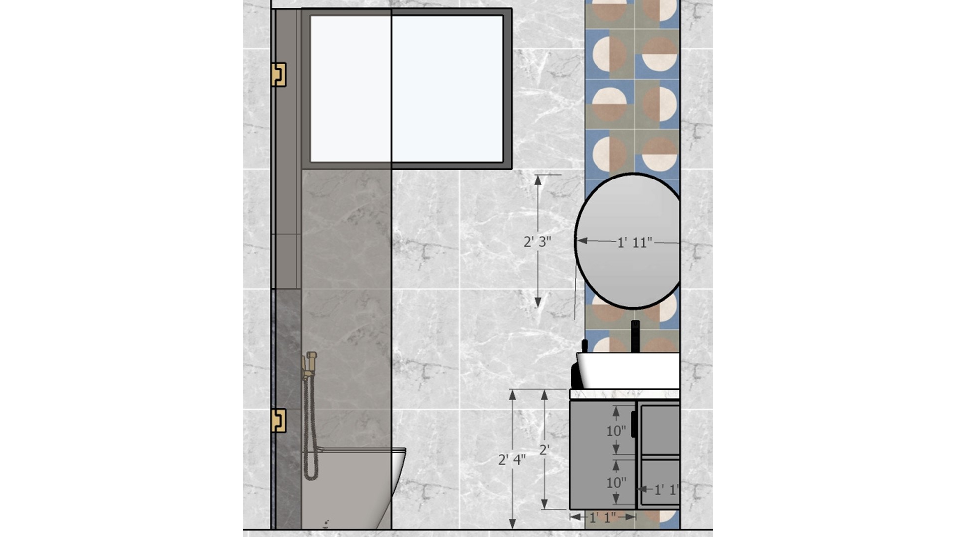 Toilet vanity with round mirror 2D measurement drawing and dimensions