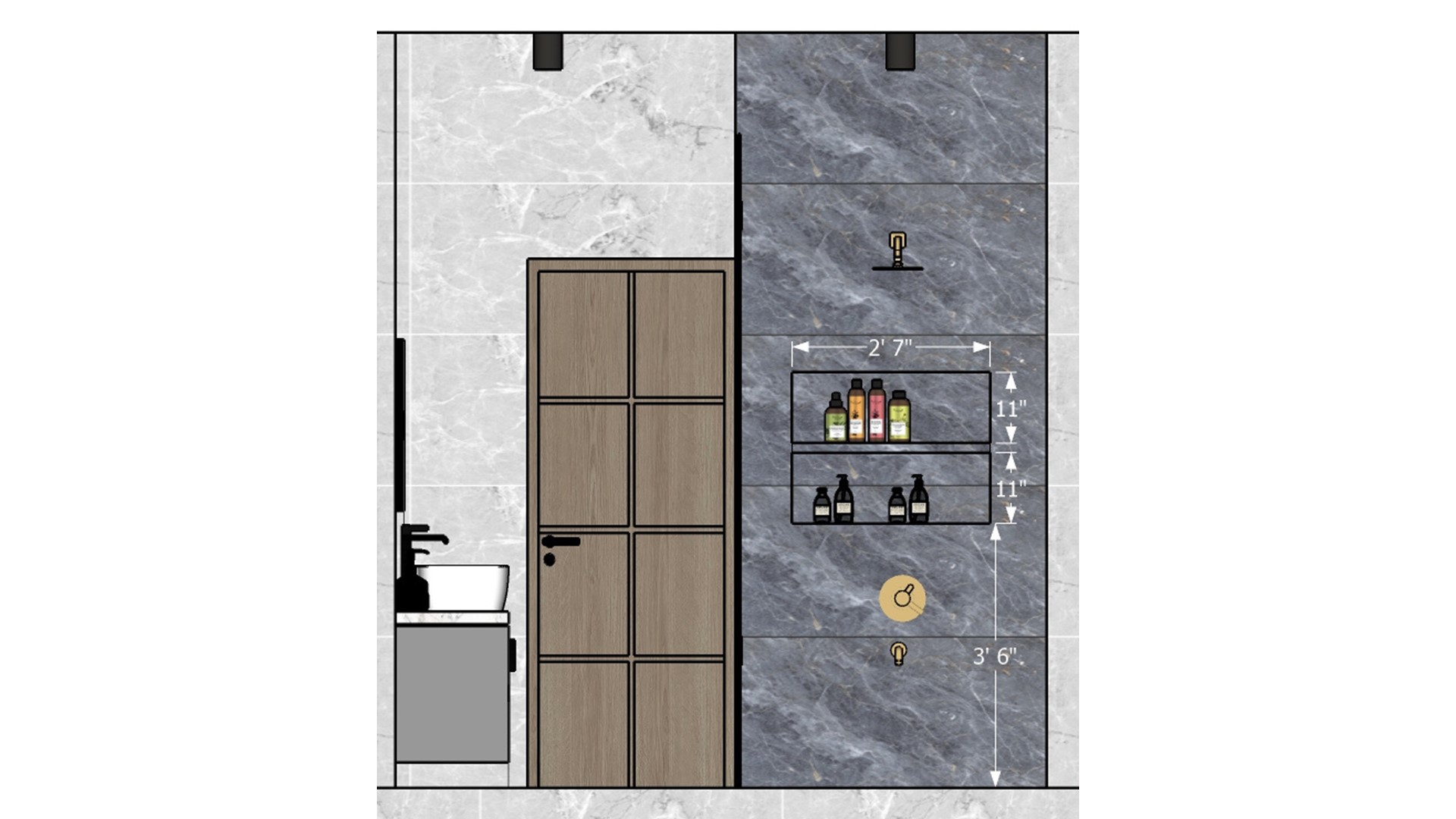 Toilet wall niche measurement details 2D drawing with dimensions