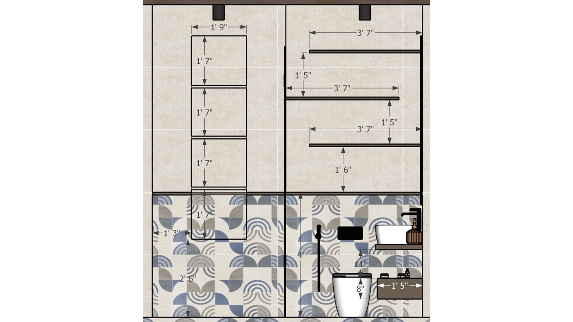 Toilet wall niche measurement drawing with stacked niche cabinet and open shelves dimensions on bi colour tiles