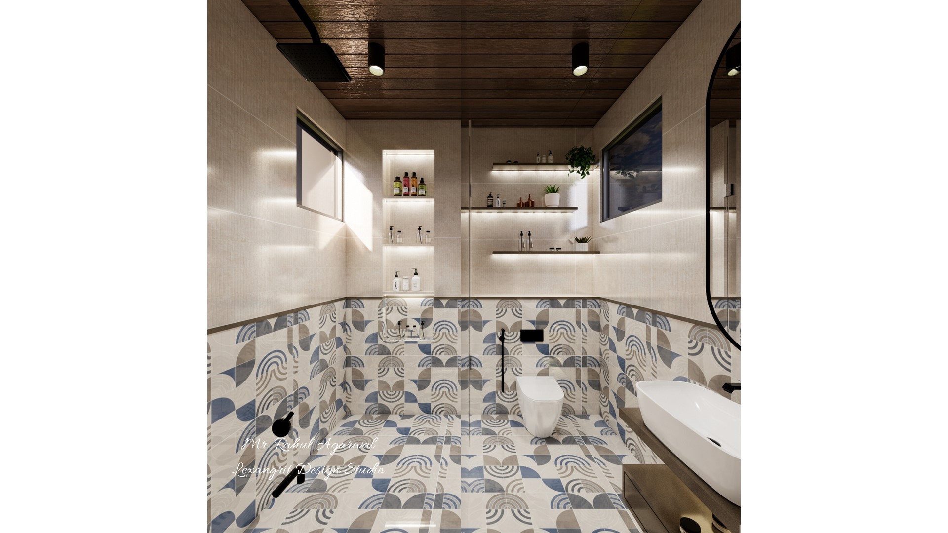 Washroom WC wall with backlit niche shower wall with backlit shelves patterned tiles and wooden ceiling