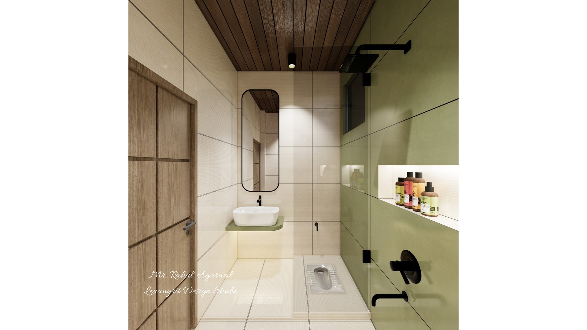 Washroom white green bi colour tiles with squat toilet frameless glass separator and sink