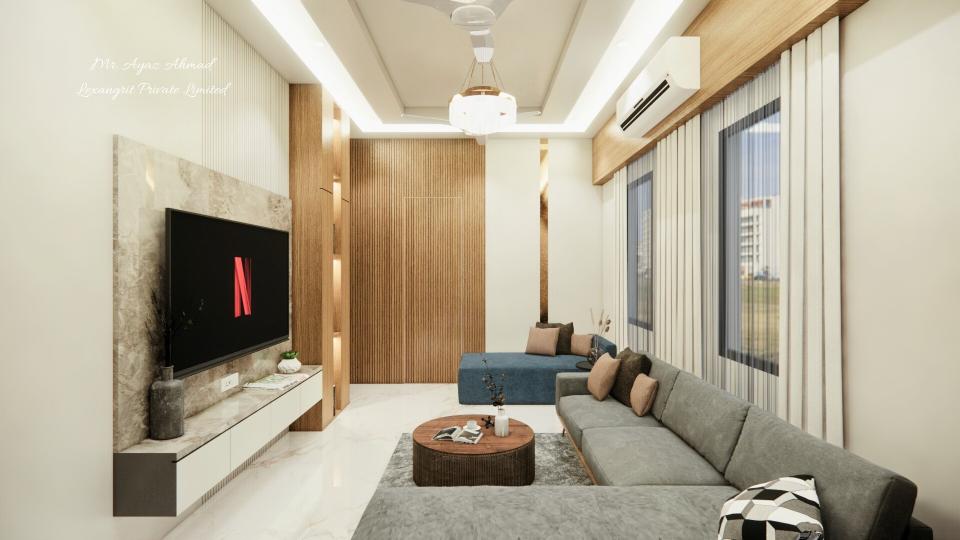 After entrance living room showing luxury seating area and decorative wall panelling with hidden door