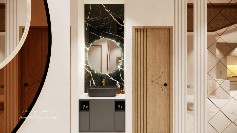 Basin Cabinet decorative back wall with round shape mirror