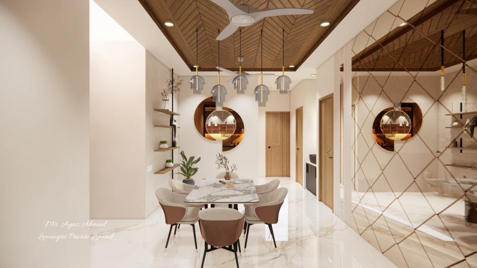 Dining area another view round shape designing mirror and mirror looks panelling