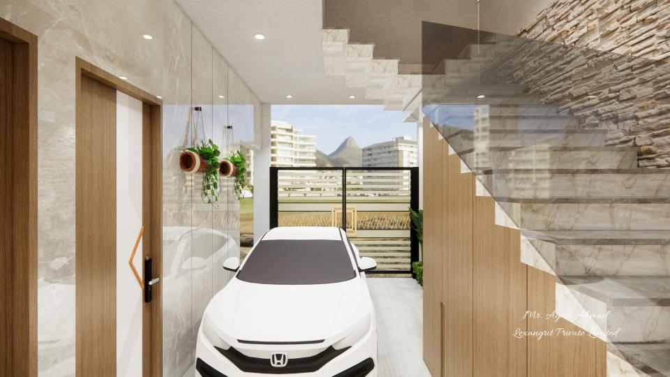 Home parking area design below outside staircase beside ground floor entrance with marble tiles and stone cladding
