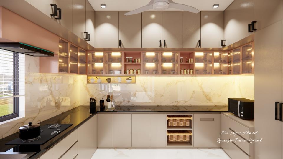 Kitchen glass unit storage and loft storage design