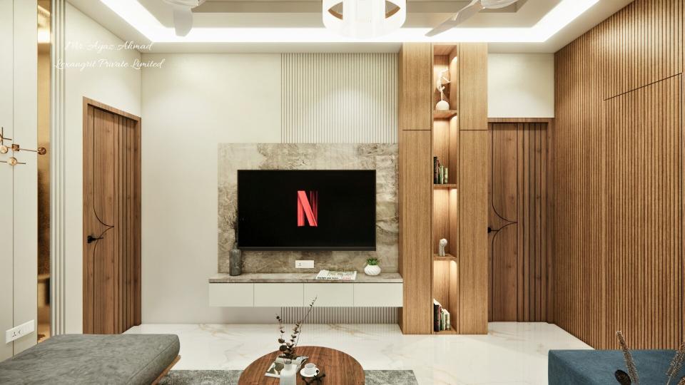 Living room showing sleek tv unit and some storage