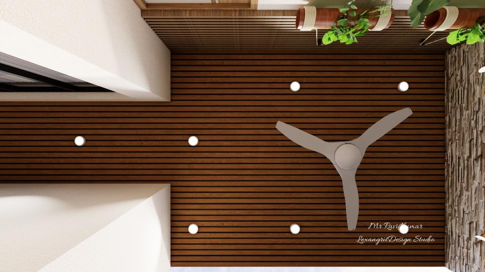 Balcony ceiling with wooden slats, spotlights, and a ceiling fan.