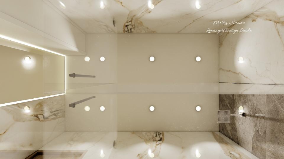 Bathroom gypsum false ceiling with LED recessed spotlights in a modern attached bathroom interior