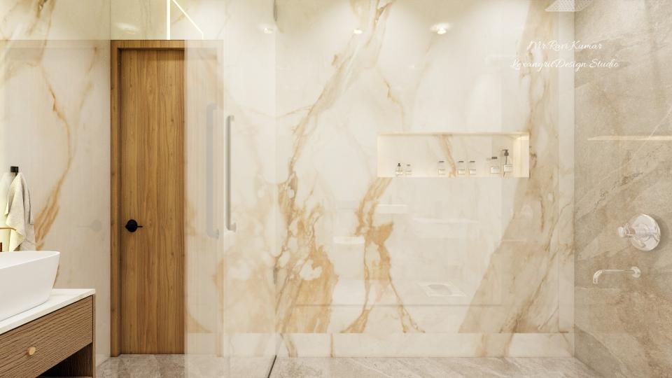 Bathroom niche storage for toiletries with silver tap hardware and wooden vanity with ceramic wash basin