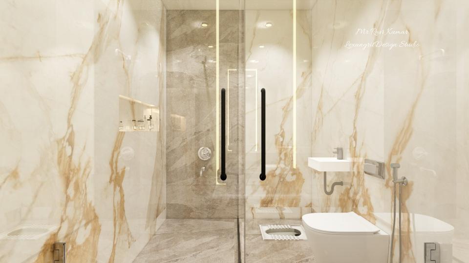 Bathroom with Indian squat toilet and wall-mounted western WC separated by glass partition with black handles and white gold marble tiles