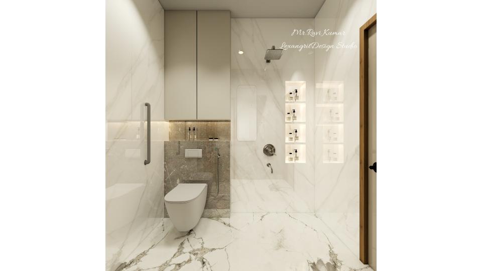 Bathroom with wall-mounted WC on grey dado tiles, built-in niche detail, ceiling-height cream laminate storage and open niche shower area