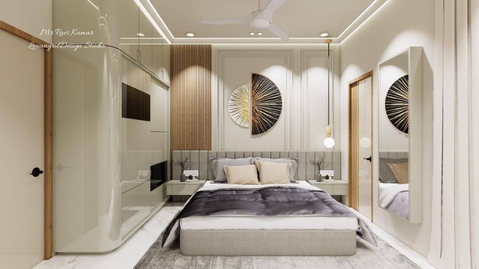 Bedroom with a grey tufted headboard backed by wooden rafters with rectangular beadings and a central circular gold and black mural art piece.