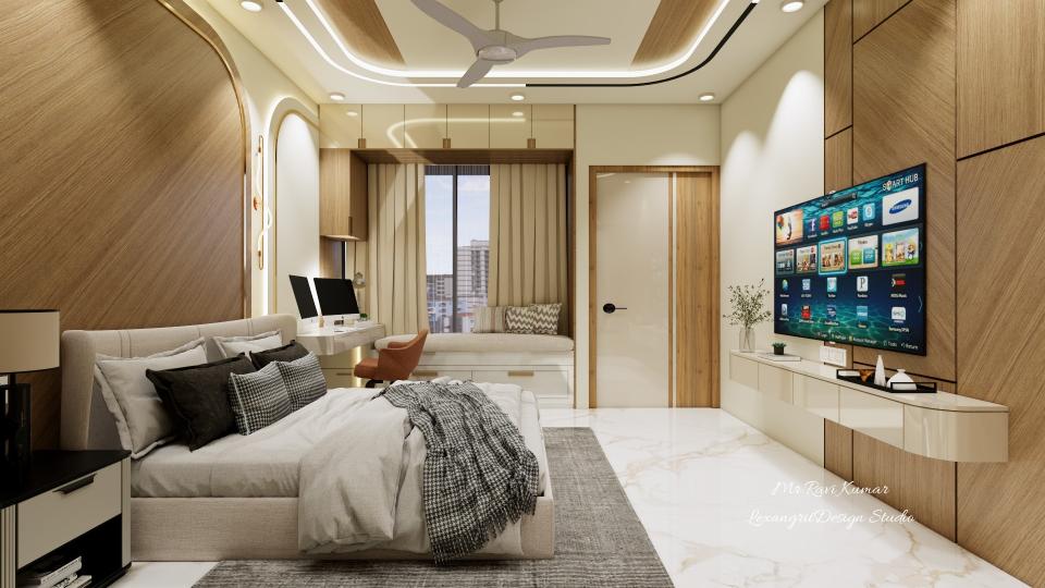 Bedroom with bay window seating and integrated storage, beige laminate loft storage and doorway in a modern bedroom design