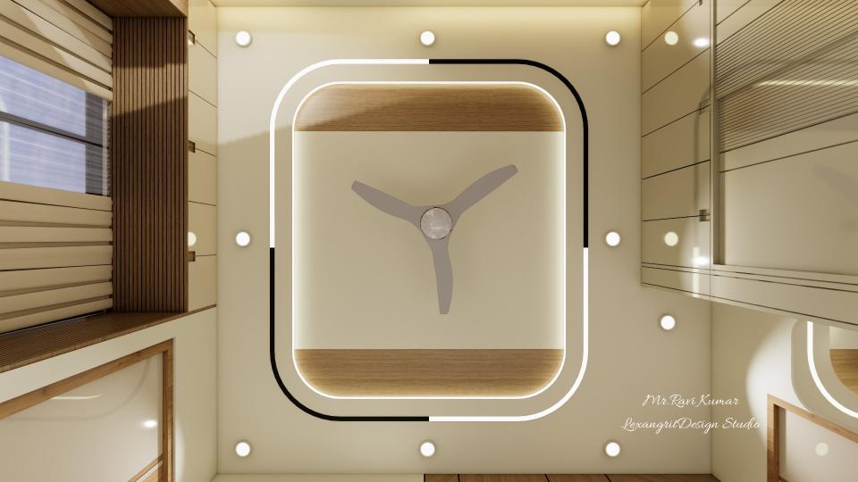 Bedroom gypsum false ceiling with ceiling fan, LED strip lighting and recessed spotlights in a modern interior