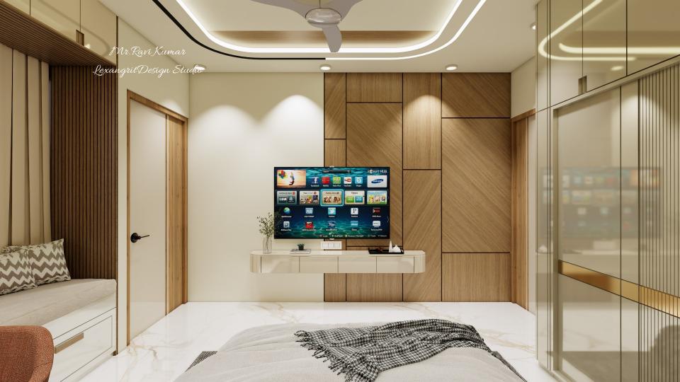 Bedroom TV unit with grooved wooden panel background, wall-mounted TV and beige laminate console