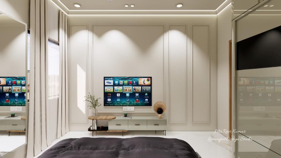 Bedroom TV wall with wall moulding, grey laminate and wooden textured TV console in a modern bedroom interior