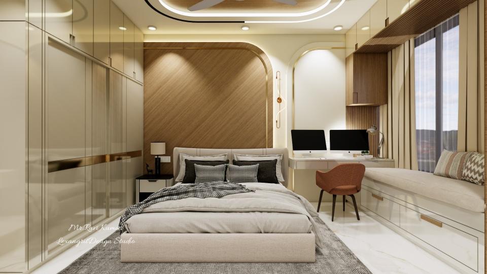 Bedroom with wooden textured bed back wall with rounded corners and golden patti border, computer table with storage and drawer unit with orange chair