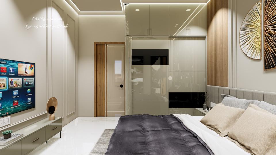 Full-height beige and black glossy laminate sliding wardrobe with loft storage featuring a rounded corner on the door-facing side in a modern bedroom