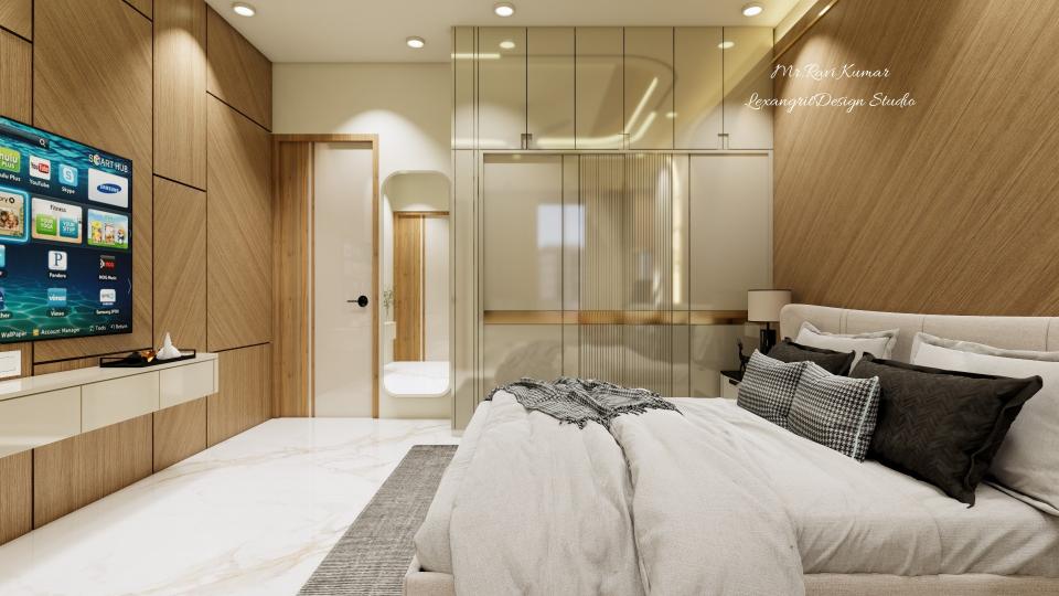 Bedroom with light wood textured door, large rounded dressing mirror and beige golden laminate sliding wardrobe with loft and groove cutting