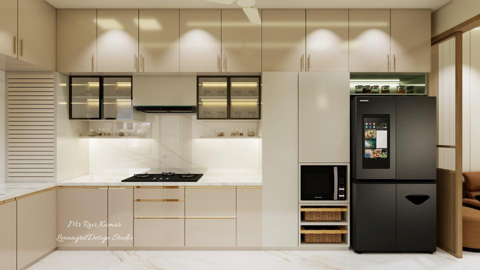 L-shaped ivory modern kitchen with white quartz countertop, bottle pullout, drawer units, fluted glass cabinet, tall unit, tambour unit, sink unit and efficient kitchen triangle.