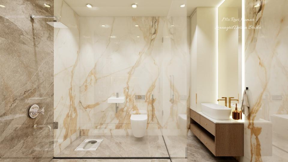 Bathroom with white and gold marble wall tiles, glass partition dividing a shower area with a rain shower head, traditional squat toilet and western wall-mount toilet on the left, and a modern vanity with white ceramic sink on a wood cabinet, large backlit mirror, and gold-finish hardware on the right.