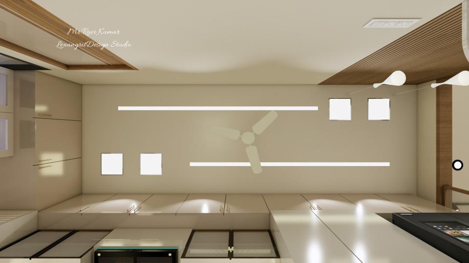Ceiling view of a gypsum false ceiling with long narrow strip lights, rectangular spot lights, and teardrop pendant lights.