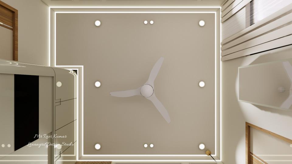 Top view of a gypsum false ceiling with a continuous profile light border, recessed spot lights and a ceiling fan