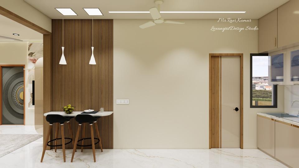 Breakfast counter backed by wooden rafter wall, pendant lights, bar stools, beige laminate kitchen cabinets and wooden door
