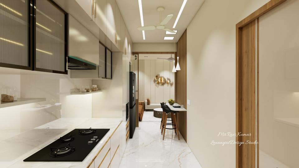 Kitchen view with a marble countertop and stove with storage cabinets on the left, a door on the right, and a breakfast table visible at the center.