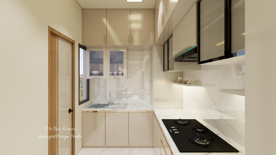 L-shaped kitchen with white quartz countertop, sink unit, GTPT unit, and beige laminate loft storage for modern modular homes.