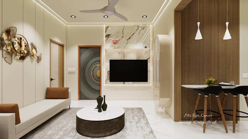 Living room and dining area with marble laminate TV unit, semi-circular CNC cut main door, and dining table backed by wooden rafter panelling