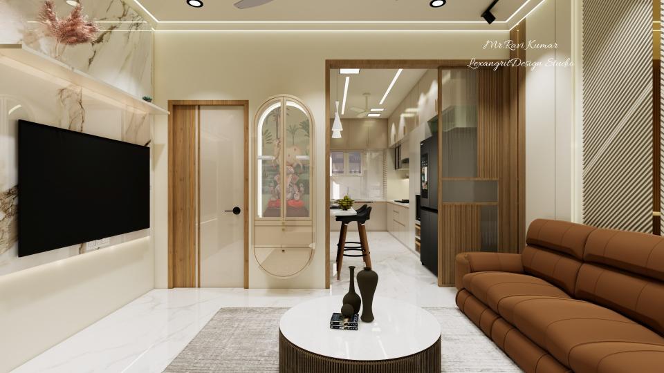 Living room with plywood beige laminate puja unit, TV unit on the left and partition door separating the kitchen area