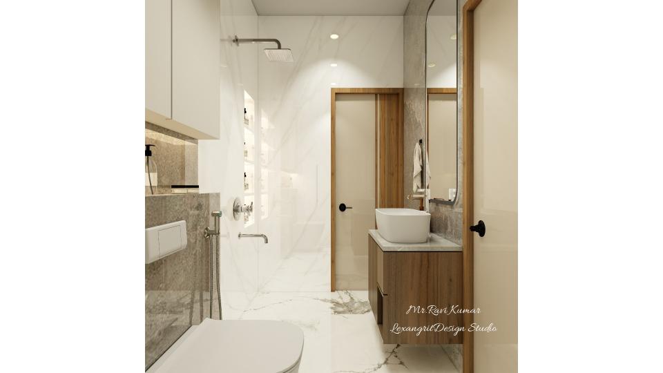 Luxury bathroom with wall-mounted WC, rain shower with niche shelving, white marble tiles, wooden floating vanity with vessel sink and large mirror