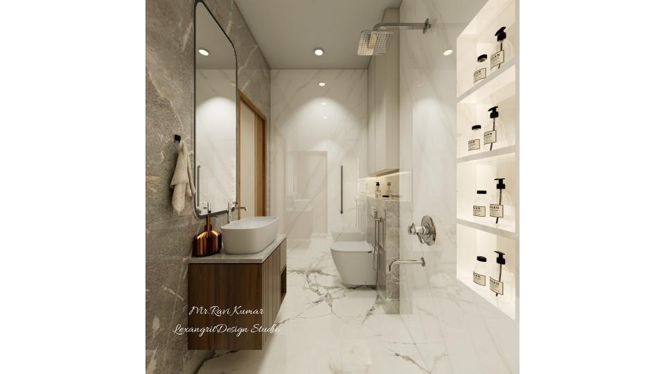 Luxury bathroom with white marble tiles, grey accent wall, wooden floating vanity with vessel sink, tall mirror, rain shower, wall-mounted WC and open niche shelving for toiletries