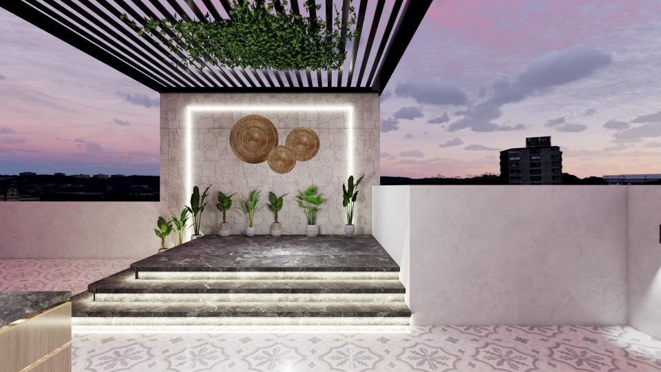 Modern rooftop terrace with a raised dark veined marble platform with LED strip lighting, a light grey stone-textured wall with glowing rectangular LED border and circular wall mural art, potted tropical plants at the base, and a black slatted pergola with hanging green vines to the left.