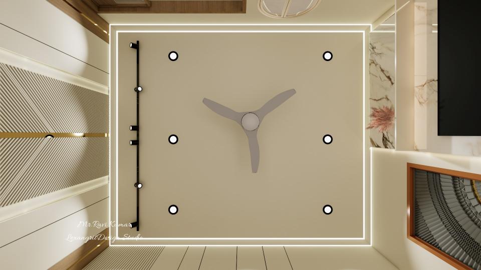 Ceiling view of a living room with a ceiling fan centered within a square LED light strip, six grid-arranged ceiling lights, and a black track lighting rail with adjustable heads on the left.