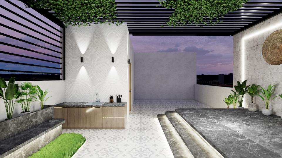 Rooftop terrace with grey marble raised platform with integrated step lighting, dark stone kitchenette, black pergola with green vines, and tropical plants.