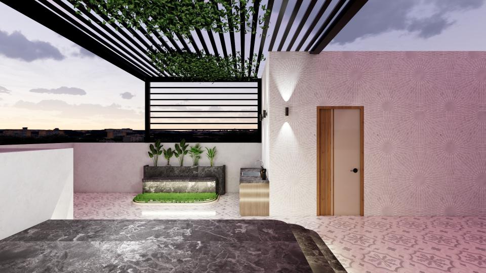 Rooftop terrace view from raised marble platform toward wooden door in white embossed radial pattern wall, grey stone planter with integrated seating under black pergola.